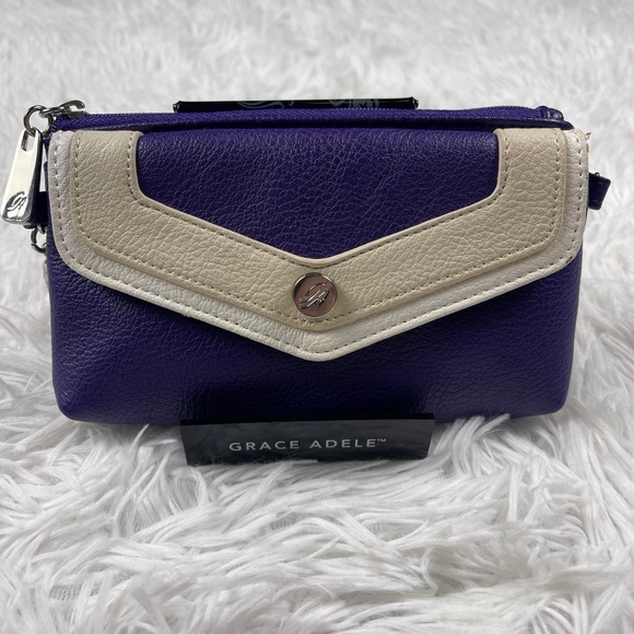 Grace Adele Purple Cream Chevron Faux Leather Clutch Wristlet Crossbody Bag - Picture 2 of 9